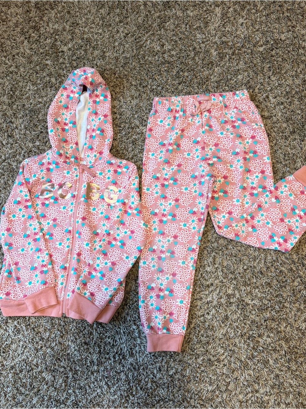 Girls Pink Floral Hooded Set with Zip Jacket and Jogger Pants
